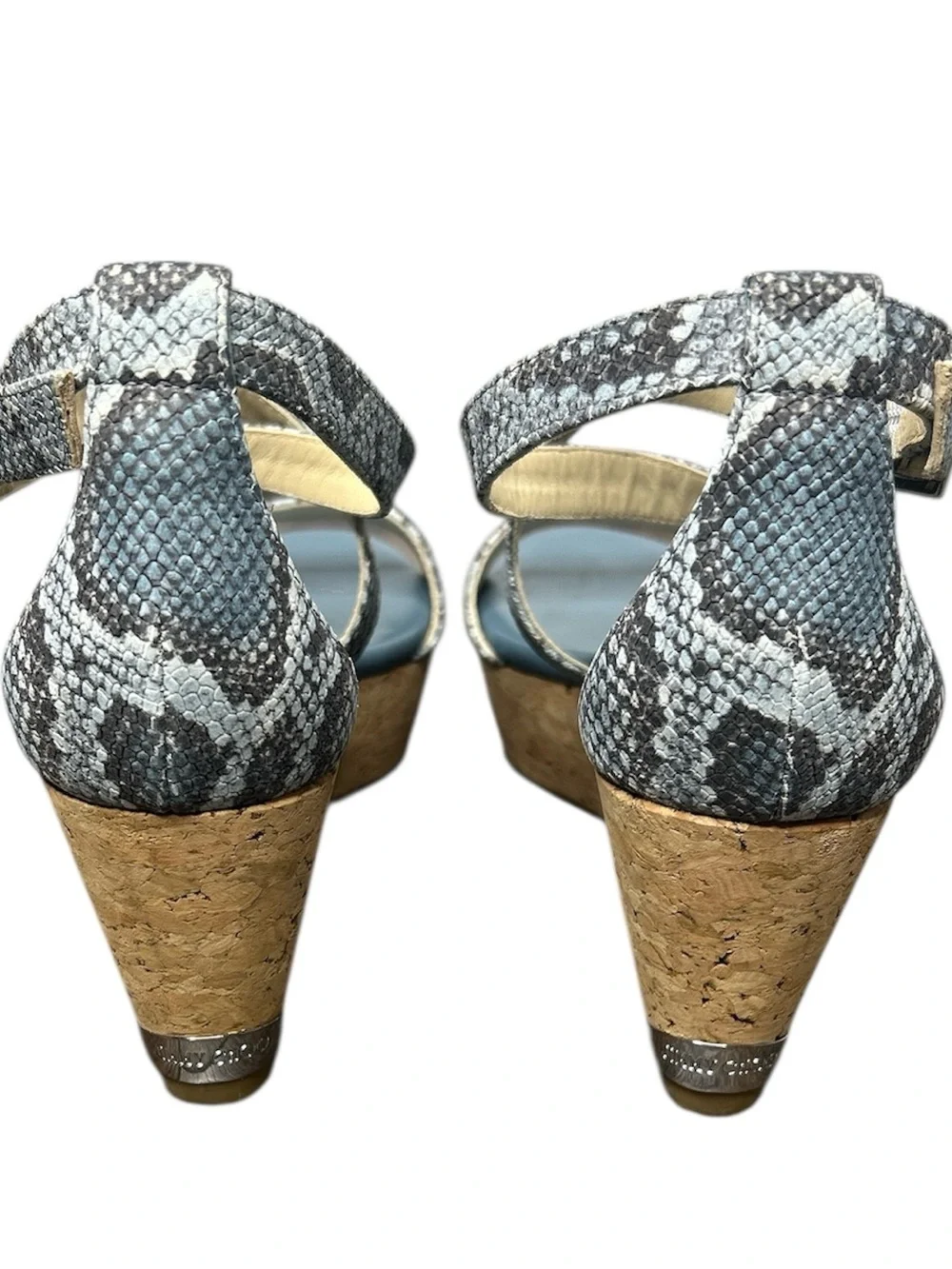 Jimmy Choo Portia Snake Embossed Cork Wedge Sandals Platform Designer Size 37.5